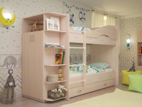 Кровать 2-х ярусная Мая с ящиками и шкафом на латофлексах млечный дуб в Карпинске - karpinsk.magazinmebel.ru | фото
